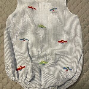 Blue Seersucker Romper with Airplane Embroidery